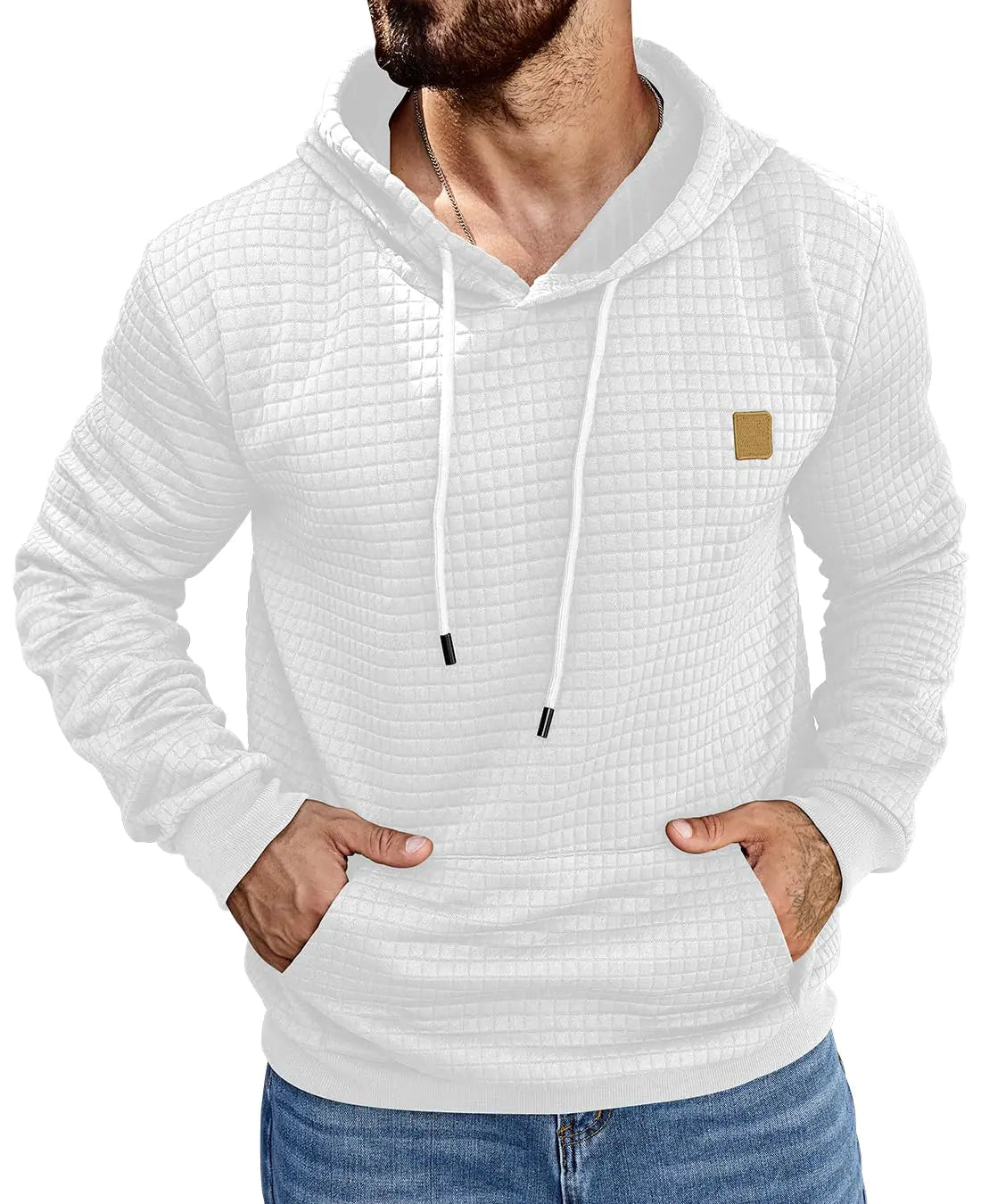 Aiyino Mens Hoodies Pullover Casaul Long Sleeve Drawstring Waffle Knit Hooded Sweatshirt with Kanga Pocket L White