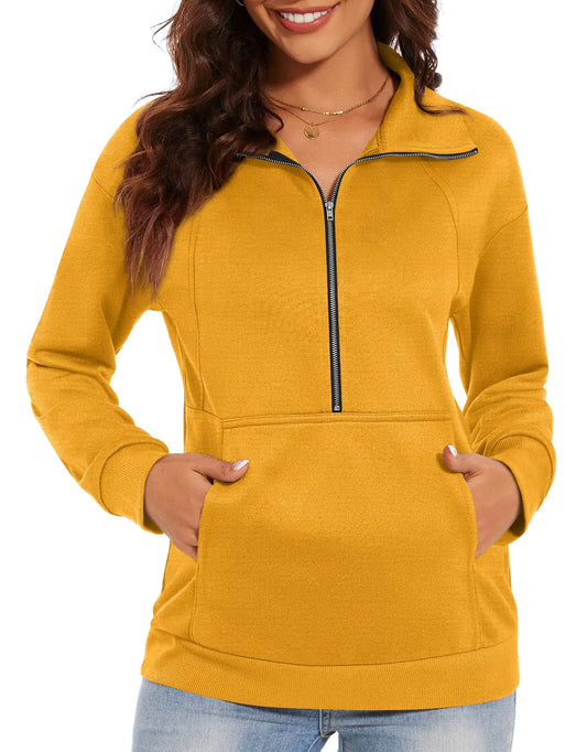 CATHY Womens Fall Outfits Half Zip Sweatshirts Trendy Hoodies Tops Long Sleeve Pullover with Pockets 2024 3XL Dark Yellow